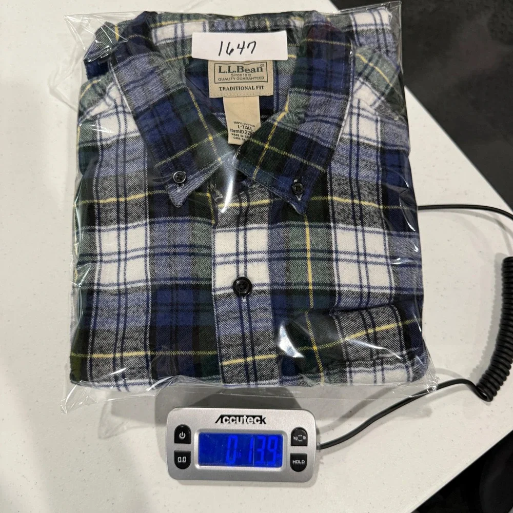 L.L. Bean Flannel Shirt Men L-Tall Blue Green Plaid Traditional Fit 228066